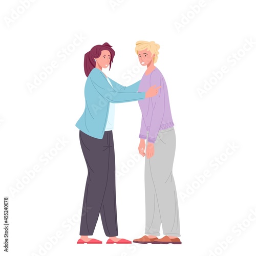 Woman calms and psychologically supports man vector illustration.