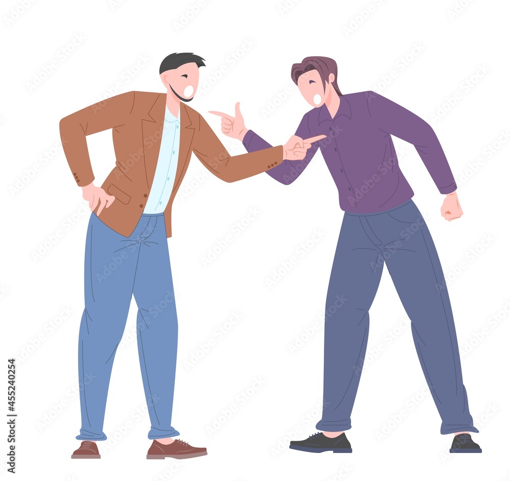 Fototapeta premium Social bullying concept between office workers. Young people argue among themselves, accusing each other. Vector illustration.