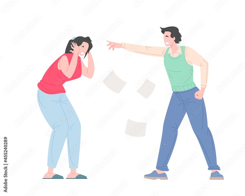 Fototapeta premium Family bullying concept. Domestic violence, violence against women. an attacked woman yells. Flat cartoon character vector illustration.