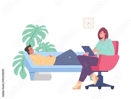 Female psychoanalyst and man patient. Psychologist in chair with notebook providing psychological aid. Mental problems, professional psychotherapeutic session. Vector illustration.