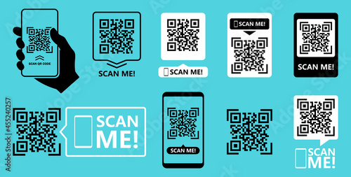 QR code scan for smartphone. Qr code frame vector set. Template scan me Qr code for smartphone. QR code for mobile app, payment and phone. Scan me phone tag. Vector illustration.
