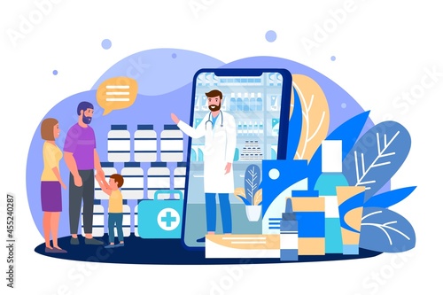 Buy medicine online, vector illustration. Pharmacy in huge smartphone, flat family character use mobile app with man doctor from device