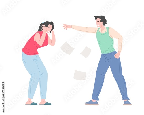 Family bullying concept. Domestic violence, violence against women. an attacked woman yells. Flat cartoon character vector illustration.