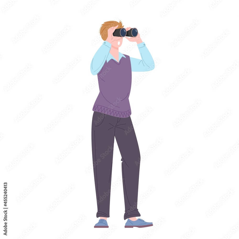 Young man looking through binoculars standing. Plagiarism or idea search concept. Flat vector illustration. Young man looking through binoculars standing. Plagiarism or idea search concept. Flat vector illustration.