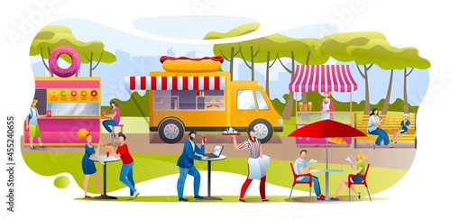 Streetfood in park, vector illustration. Man woman people character eating donuts, hot dog and ice cream outdoor, flat festivale with foodtruck cafe photo