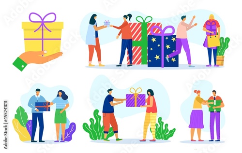 Give holiday gift set, vector illustration. Man woman people character presen...