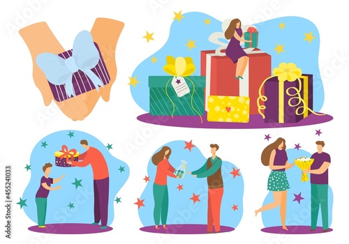 Gift box for people, birthday present set, vector illustration. Flat man woma...