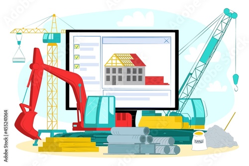 Hardware online shop, vector illustration. Flat professional equipment for construction, web store with industry tools and material.