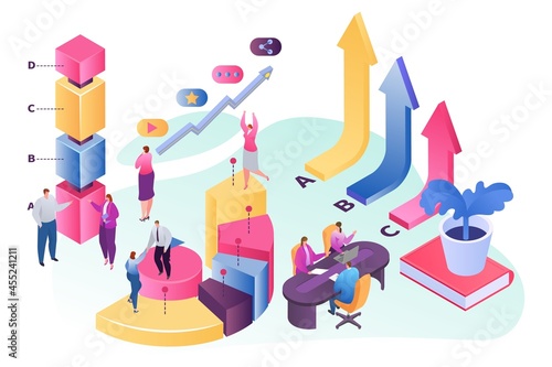 Isometric teamwork, people near growth chart, vector illustration. Flat man woman character business team with professional analytics.