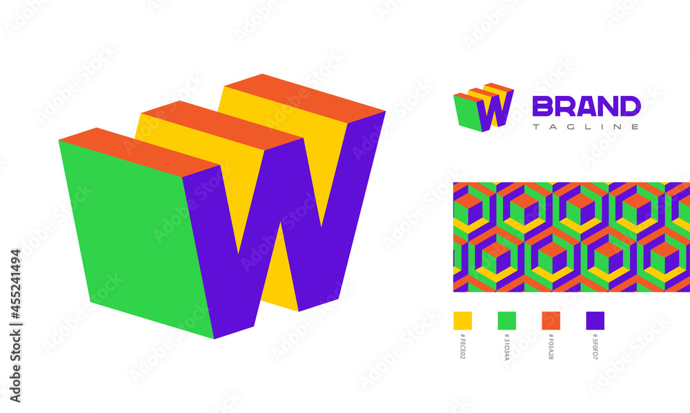 3D letter W Logo corner view with pattern and colour code swatches for branding designs with colors red, green, blue, yellow