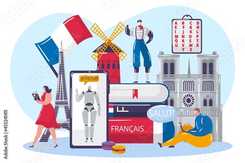 Learning french language online, vector illustration. Student character get knowledge by internet, communication, education with artificial mind.