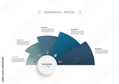 Vector infographic template with 3D paper label, integrated circles. Business concept with 5 steps of business project. For content, diagram, flowchart, steps, parts, timeline infographics.