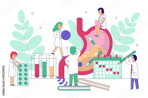Stomach treatment concept, vector illustration. Line doctor character help sick patient organ, gastroenterology disease. Man woman research