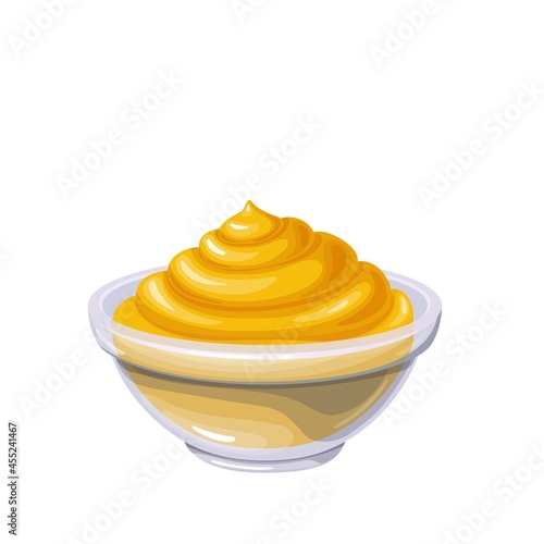 Mustard sauce in bowl. Colored illustration in cartoon style.