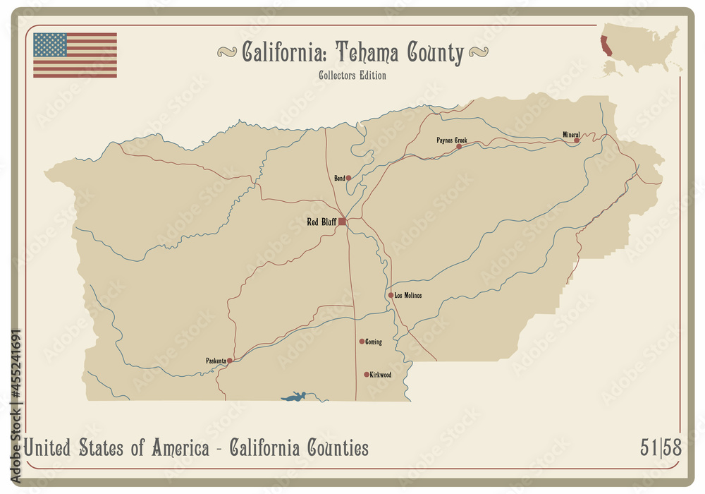 Map on an old playing card of Tehama county in California, USA.