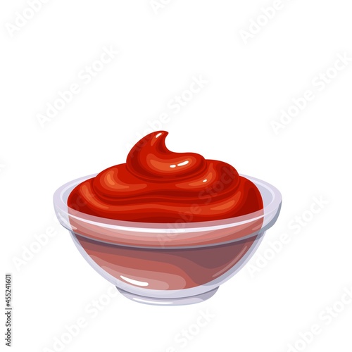 Ketchup sauce in bowl. Colored illustration of ketchup in cartoon style.