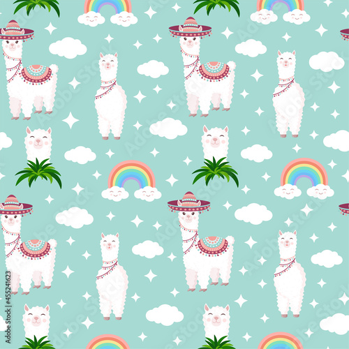 Seamless pattern with funny llamas in sombrero, clouds, stars and rainbows on a blue background. Vector illustration for baby texture, textile, fabric, poster, postcard, decor. Alpaca from Peru.