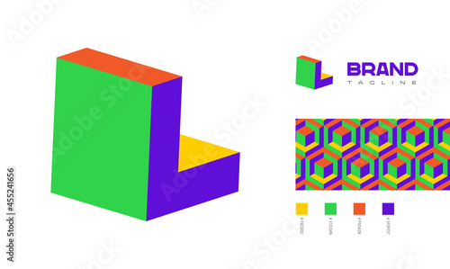 3D letter L Logo corner view with pattern and colour code swatches for branding designs with colors red, green, blue, yellow