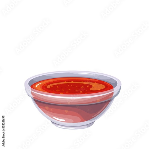 Hot chili sauce in bowl. Colored illustration in cartoon style.