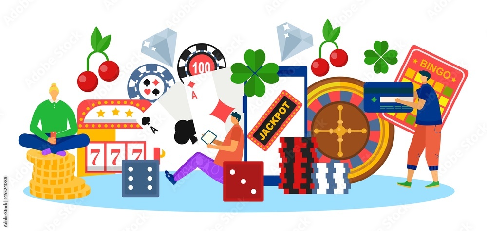 Casino with luck game online, vector illustration. Man woman people character play in jackpot, gambling for flat money prize. Casino with luck game online, vector illustration. Man woman people character play in jackpot, gambling for flat money prize.