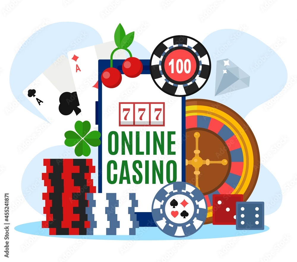 Online casino, vector illustration. Huge smartphone with luck game concept, internet gambling with slot, poker chips and roulette. Online casino, vector illustration. Huge smartphone with luck game concept, internet gambling with slot, poker chips and roulette.