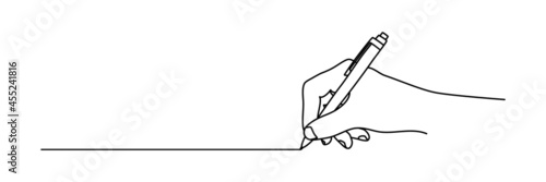 Foto Hand holding ball pen and drawing a line, isolated on white background