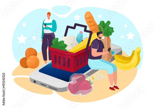 Food from online grocery, vector illustration. Internet shop for man characte...