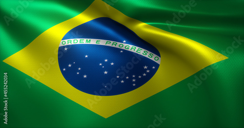 Brazil Flag, Brazilian Flag with waving folds, close up view, 3D rendering