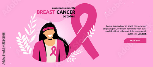 Breast Cancer awareness banner illustration. Faceless woman with pink ribbon. Pink october month female healthcare campaign solidarity web template design. Pinktober flat vector cartoon illustration