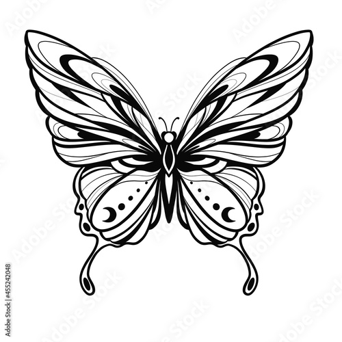 Vector illustration with hand drawn butterfly with moon. Black linear shape. For you design, tattoo or magic craft.