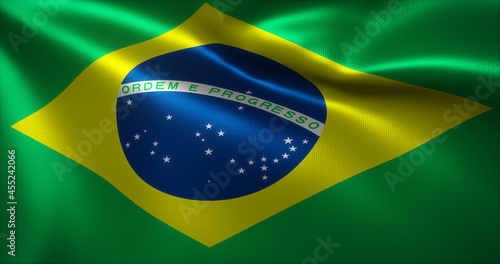 Brazil Flag, Brazilian Flag with waving folds, close up view, 3D rendering