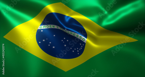 Brazil Flag, Brazilian Flag with waving folds, close up view, 3D rendering