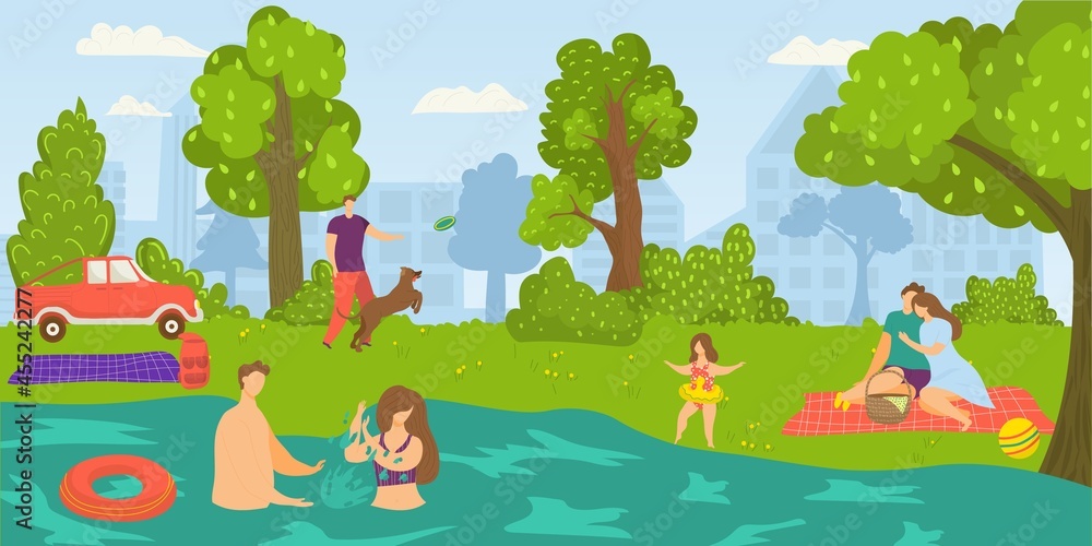 Obraz premium Park for people outdoor activity, vector illustration. Flat man woman character have picnic at nature, couple swim in summer river water.