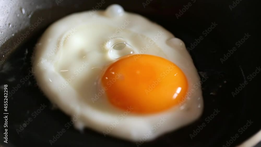 Fried egg on frying pan for breakfast, close up Fried egg on frying pan for breakfast, close up
