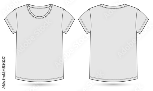 Regular fit Short sleeve basic t shirt vector template for ladies and baby girls. Technical fashion flat sketch with crew neckline illustration mockup front, back views isolated on white background.