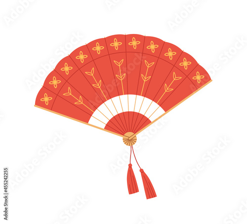 Chinese traditional folding hand fan from red silk. Open foldable handheld souvenir with oriental ornament and decorative fringe. Flat vector illustration isolated on white background
