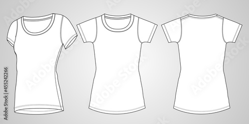 Cotton jersey Shorts sleeve t shirt tops for ladies. Technical fashion flat sketch vector illustration template. Regular slim fit round neckline mock up Front, back and 3D views. Women, unisex CAD.