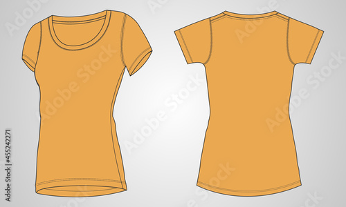  Shorts sleeve t shirt for ladies. Technical fashion flat sketch vector illustration template. Yellow colors Regular slim fit round neckline mock up Front, back views. Women, unisex CAD.
