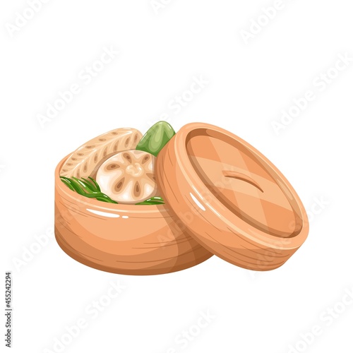 Dim Sum in bamboo steamer box. Chinese cuisine vector illustration.