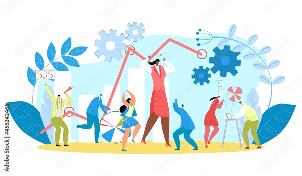 Business work problem, vector illustration. People character have stress in office, businessman hold sign with sos, big woman worker near chart symbol