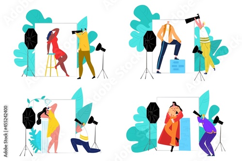 Photo studio set, vector illustration. Professional photographer hold camera, flat equipment for making photography. Fashion model