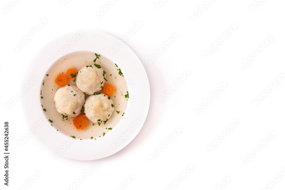 Traditional Jewish matzah ball soup isolated on white background Traditional Jewish matzah ball soup isolated on white background