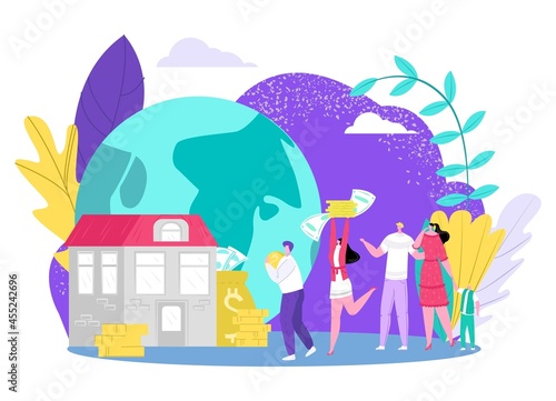 Save money concept, vector illustration. House investment, man woman people character carry coin cash to bank. Save finance at home