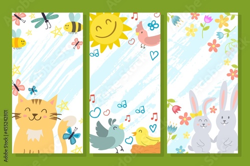 Spring cute card set, vector illustration. Poster flyer collection with anima...