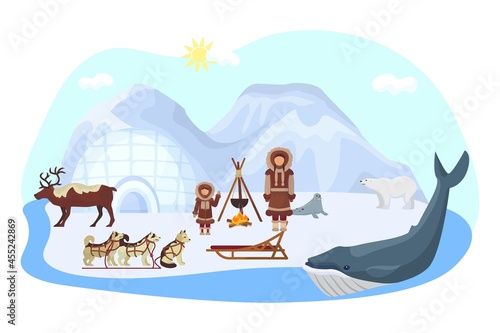 Alaska north ethnic concept, vector illustration. Arctic nature with polar bear, inuit people character in siberian clothes. Fur seal at ice