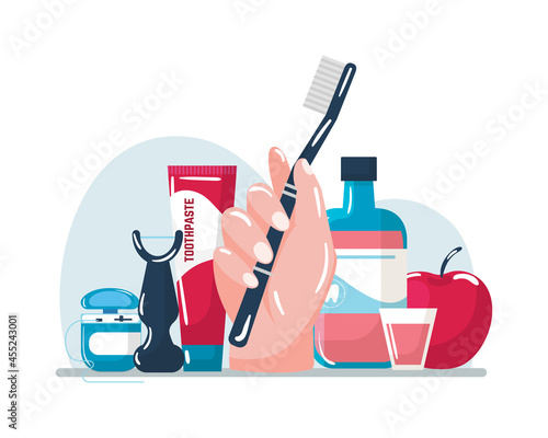 Brush teeth with toothbrush, vector illustration. Tooth hygiene, oral care wash by toothpaste, cartoon dental floss, mouthwash clean