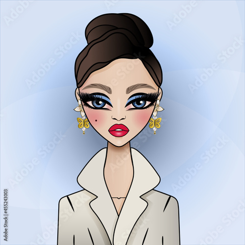 Vector avatar fashion illustration of elegant girl wearing dressy earrings and trench coat on blue background.