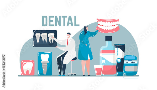 Dental care about tooth, stomatological treatment, vector illustration.