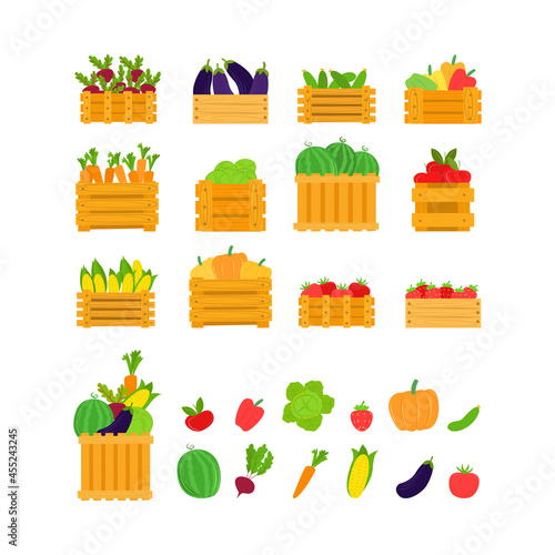 Fruits, vegetables in box, vector illustration. Healthy food set, organic fre...