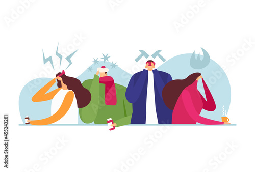 Headache pain, vector illustration. Flat man woman character with ache, migraine, depression and painful head. Sick with people headband